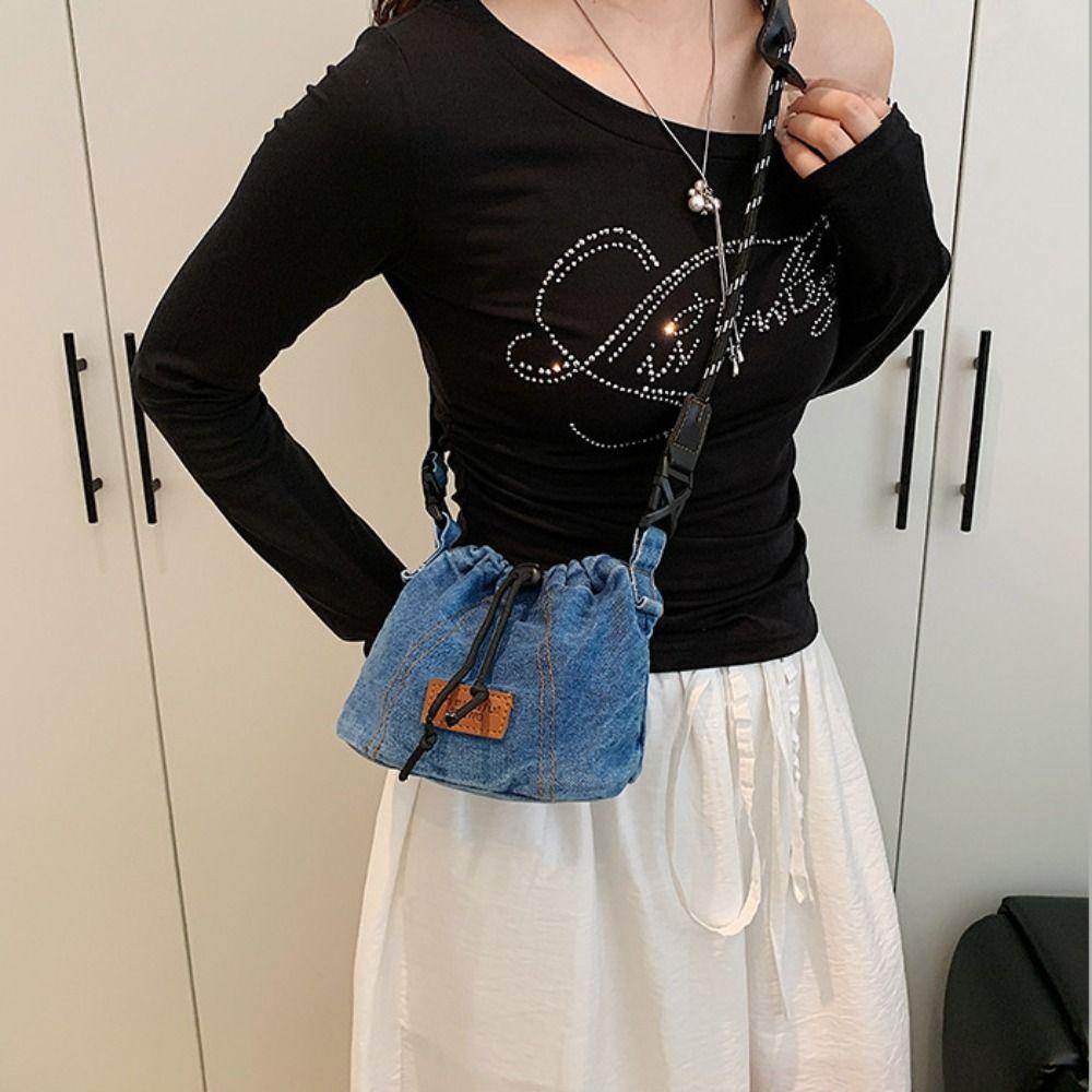 Large Capacity Drawstring Crossbody Bag Solid Color Jeans Shoulder Bag Denim Canvas Bag  Women