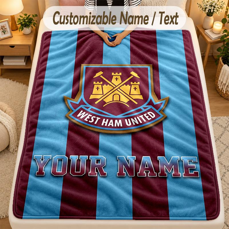 Flannel BlanketWest Ham United FC Custom Name Text Personalized Soft Warm Throw Blanket Home Decor Gift