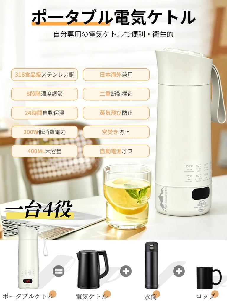 NanOmitofo Portable Electric Kettle [316 Stainless Steel, 8 Temperature Settings] 400ml, 100-240V (International Voltage Compatible), 300W, Keep Warm