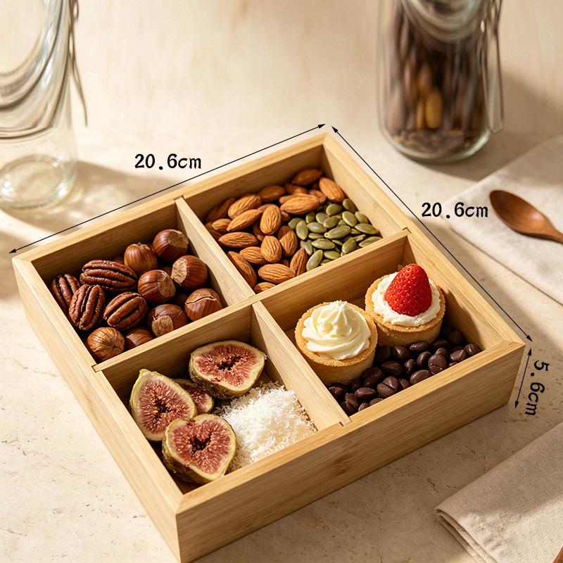In-Stock Bamboo Wood Tea Brewing & Snack Storage Tray, Four-Compartment Hot Pot Dish Plate