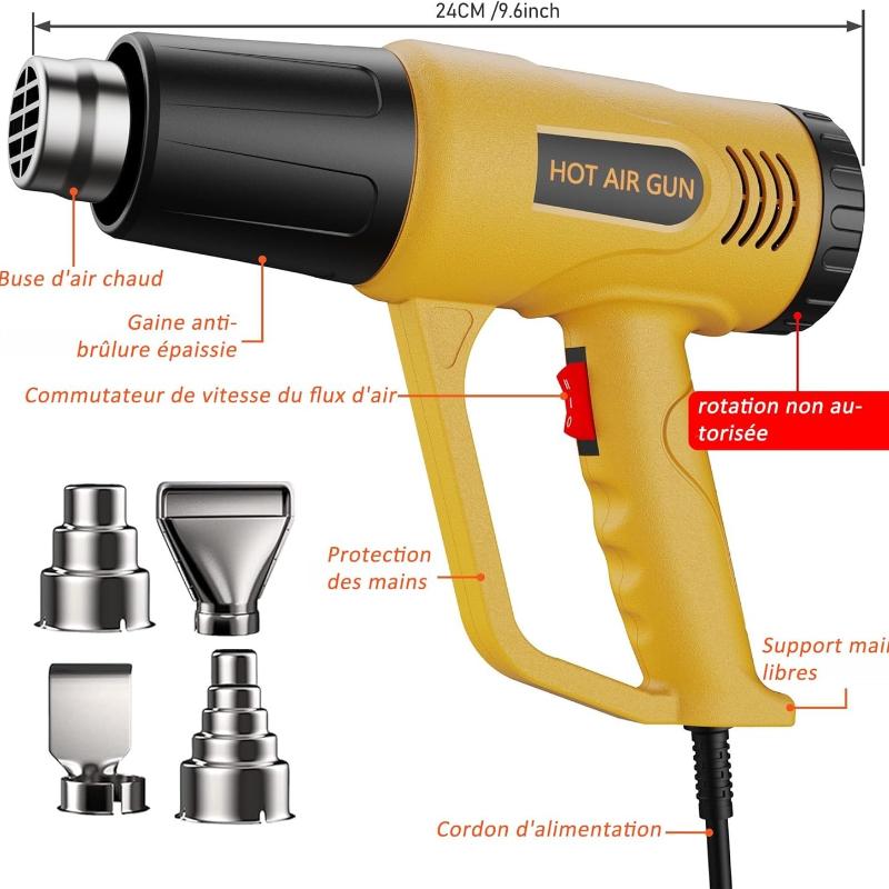 Heat Gun for Vinyl Wrap,Shrink Tubing,Paint,Epoxy Resin,Candle Making,Adjustable Temperature (Yellow, Two-Gear Button Temperature Control)