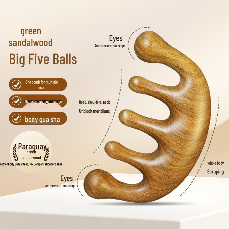 Multi-Functional Large Green Sandalwood Massage Comb - Five-Ball Head Therapy & Meridian Health Comb