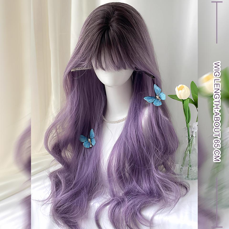 Purple Gradient Synthetic Lolita Wig Long Curly Hair with Bangs Is Suitable For Ladies To Wear In Daily Festivals