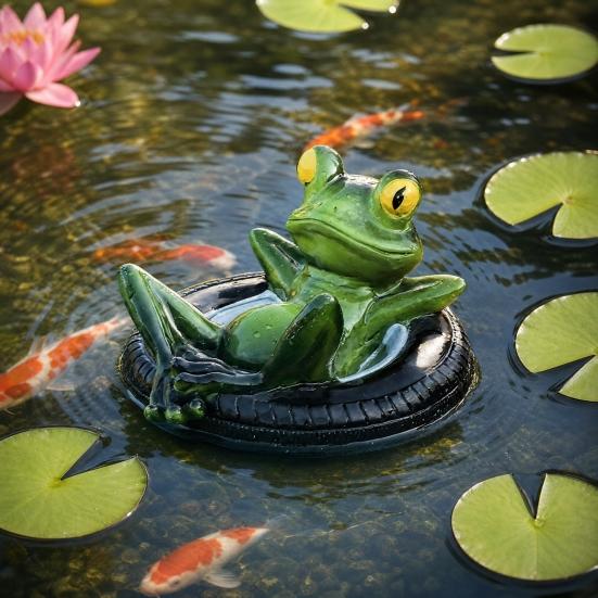 Resin Floating Frog Figurine with Tire Swim Ring Lazy Frog Statue Weather-Resistant Pond