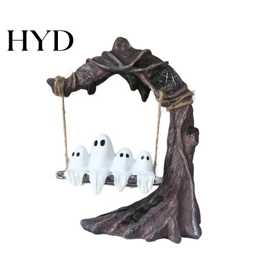 Handmade Resin Ghost Statue On Tree Swing Halloween Decor, Spooky Figurine with Vintage Detailed Sculpture for Office Base, Festive Party Tabletop