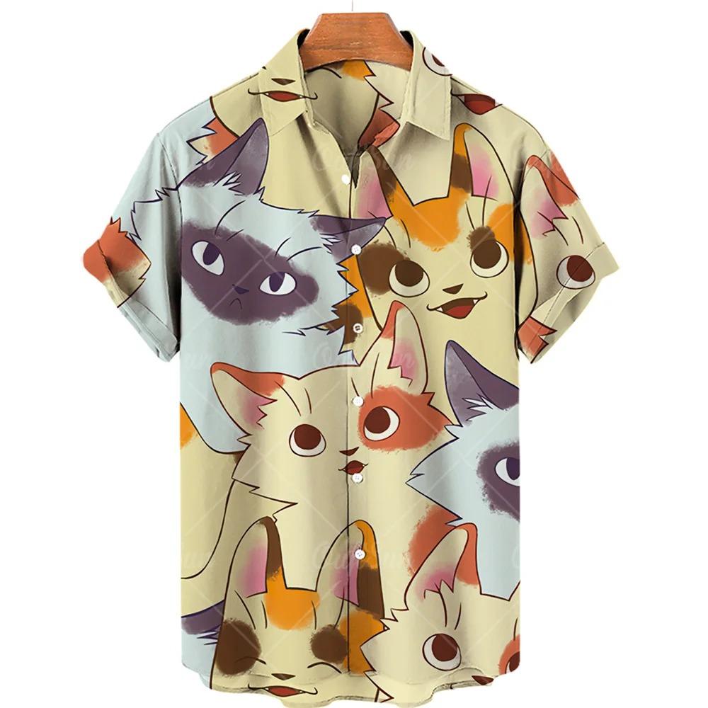 Cute Cat Pattern Print Men Short Sleeve Shirt Summer Men Fashion Loose Shirt Tops