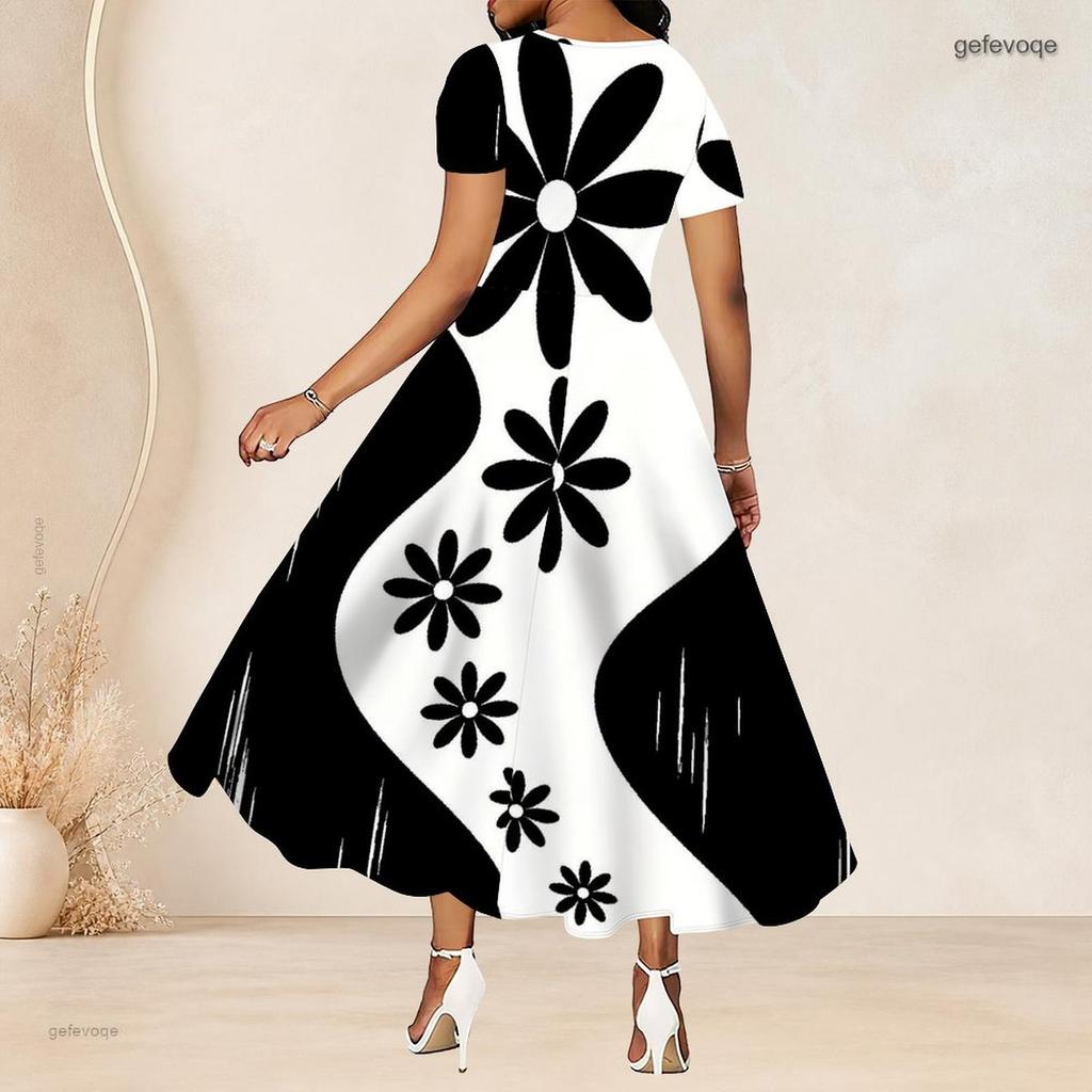 Women Plus Size Round Neck Short Sleeve Black White Striped Printed Gathered Waist A Line Long Dress