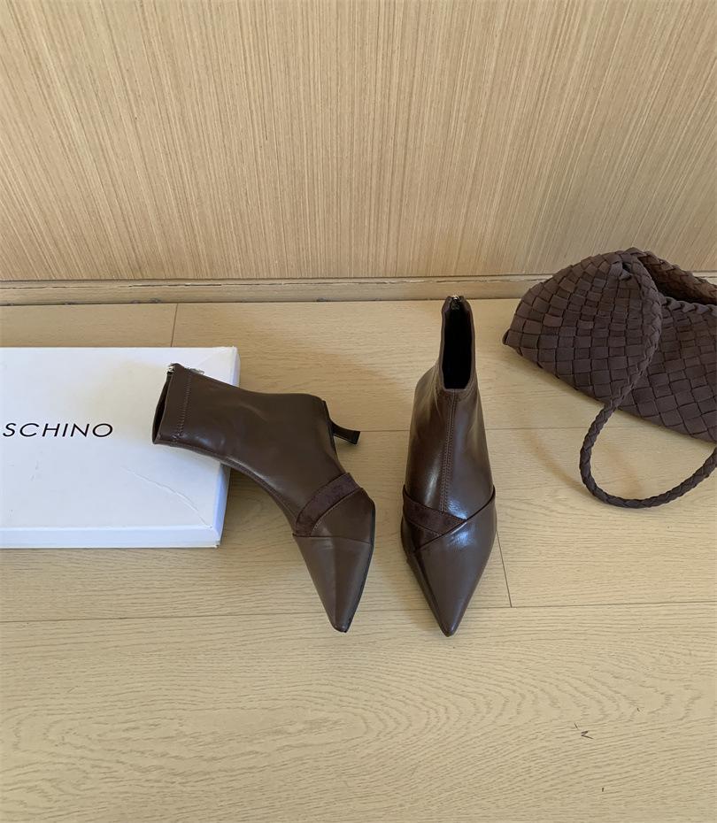 

2025 осень и зима новый темперамент тонкий каблук ботинки Мартин задняя молния эластичные тонкие женские ботинки острый носок замша высокий каблук короткие ботинки 39 темно-коричневого