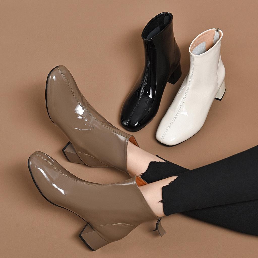 Mode Stiefel neuer eckiger Kopf schlichtes Temperament Reißverschluss hinten eckiger Absatz mittlerer Absatz Damenstiefel Kuhlackleder kleine nackte Stiefel