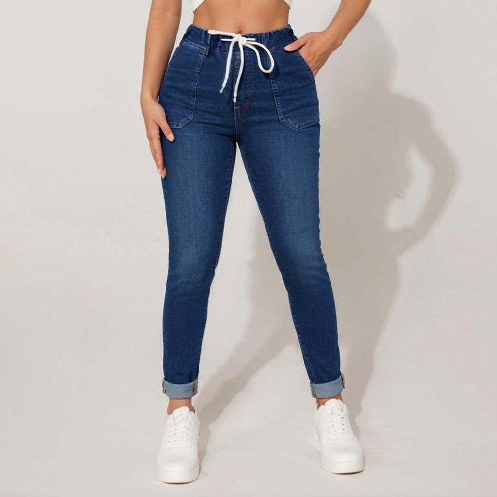Women's Skinny  Trendy Jeans Distressed Stretchy Denim Pants Elastic Waist Drawstring Denim Trousers