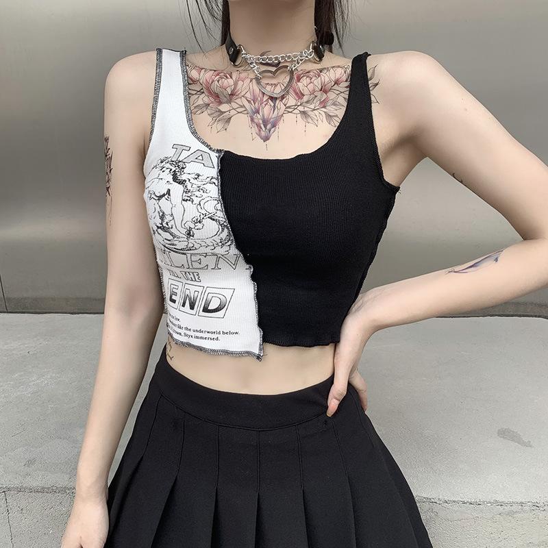 Punk Style Patchwork Tank Tops Aesthetic Letter and Graphic Print Women Color Blocking Sleeveless Top