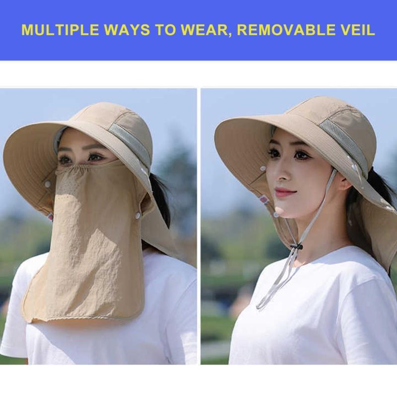 Chapeau Masque Facial Protection Solaire pour Femmes Chapeau de Soleil à Large Bord avec Cordon de Serrage Réglable Chapeau Respirant pour Activité en Plein Air