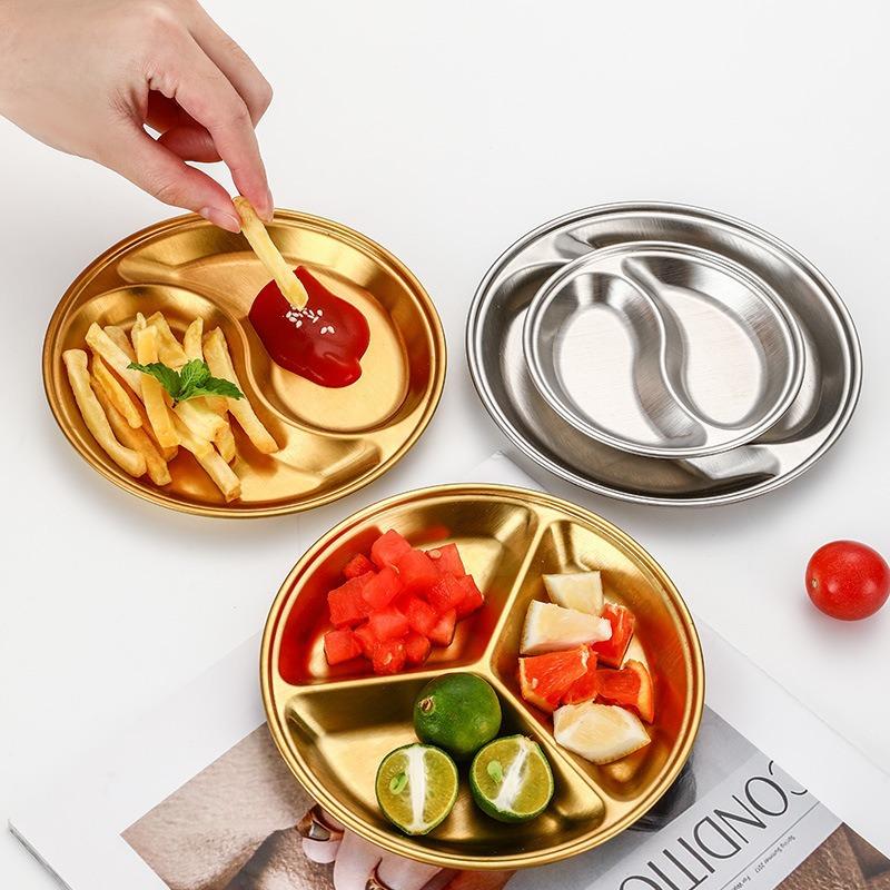 Stainless Steel Circular Divided Plate Sauce Dish Food Sauce Dish For Roast Meat Dipping Household Seasoning Snack Plate Kitchen