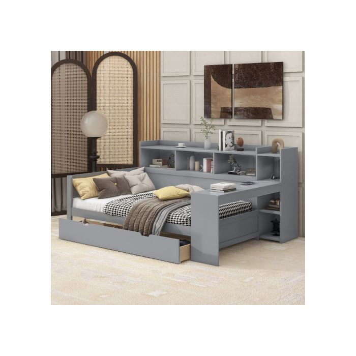 Canapea extensibilă - MUVOE - 90 x 200 cm - Gri - Cu priză USB - 2 sertare de depozitare