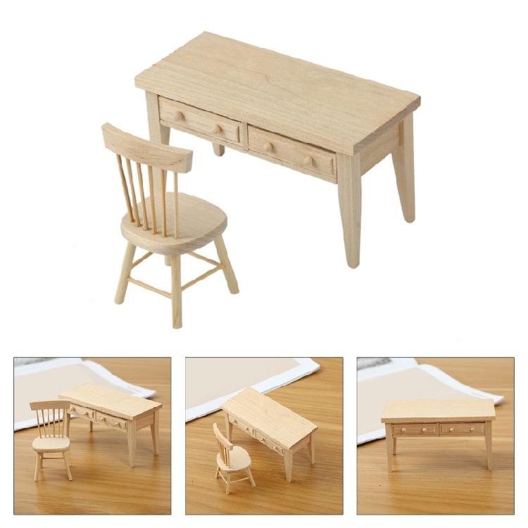 Miniature Reading Room Furniture Set with Table and Chair Unpainted Design for 1/12 Scale Dollhouses Display Decoration