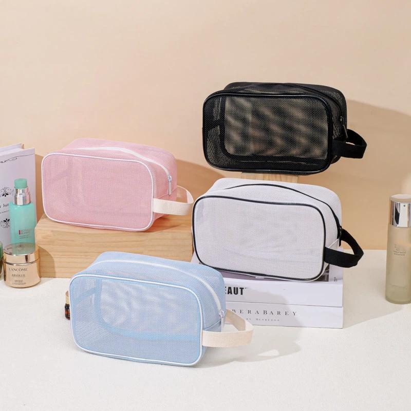 Compact Travel Cosmetic Bag with Breathable Mesh and Handle for Organized Toiletries
