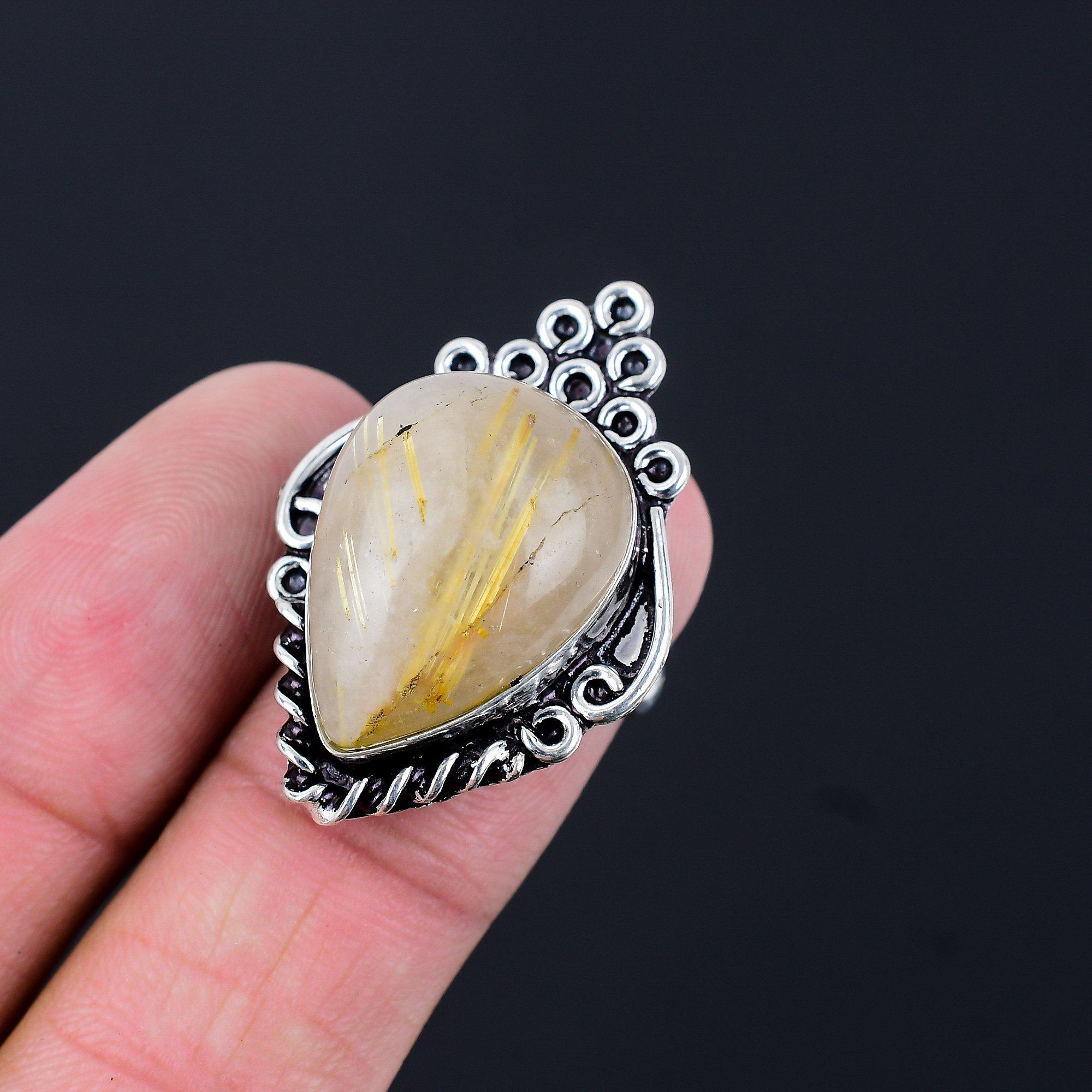 Daughters Day Sale 925 Silver Golden Rutile Stone New Statement Wife Ring US 6.5 6.5