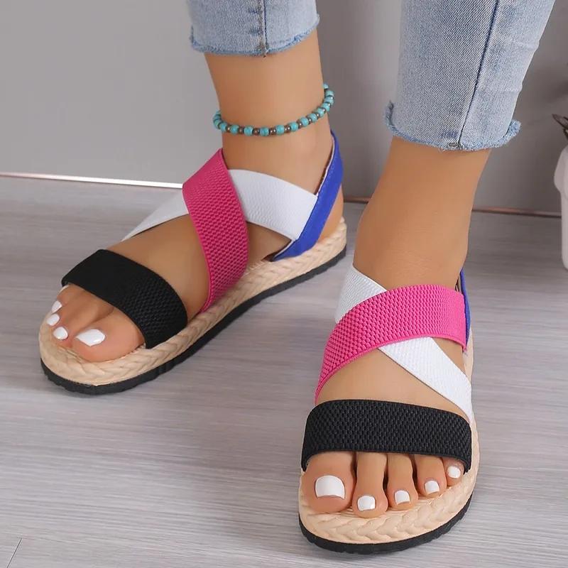 Fashion Ladies Shoes 2025 Hot Sale Elastic Band Women's Sandals Summer Open Toe New Color Matching Plus Size Light Concise Flat Sandals