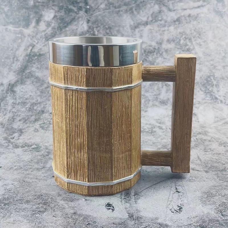 Handcrafted Wooden-Style Barrel Beer Mug with Stainless Steel Lining – Large Capacity