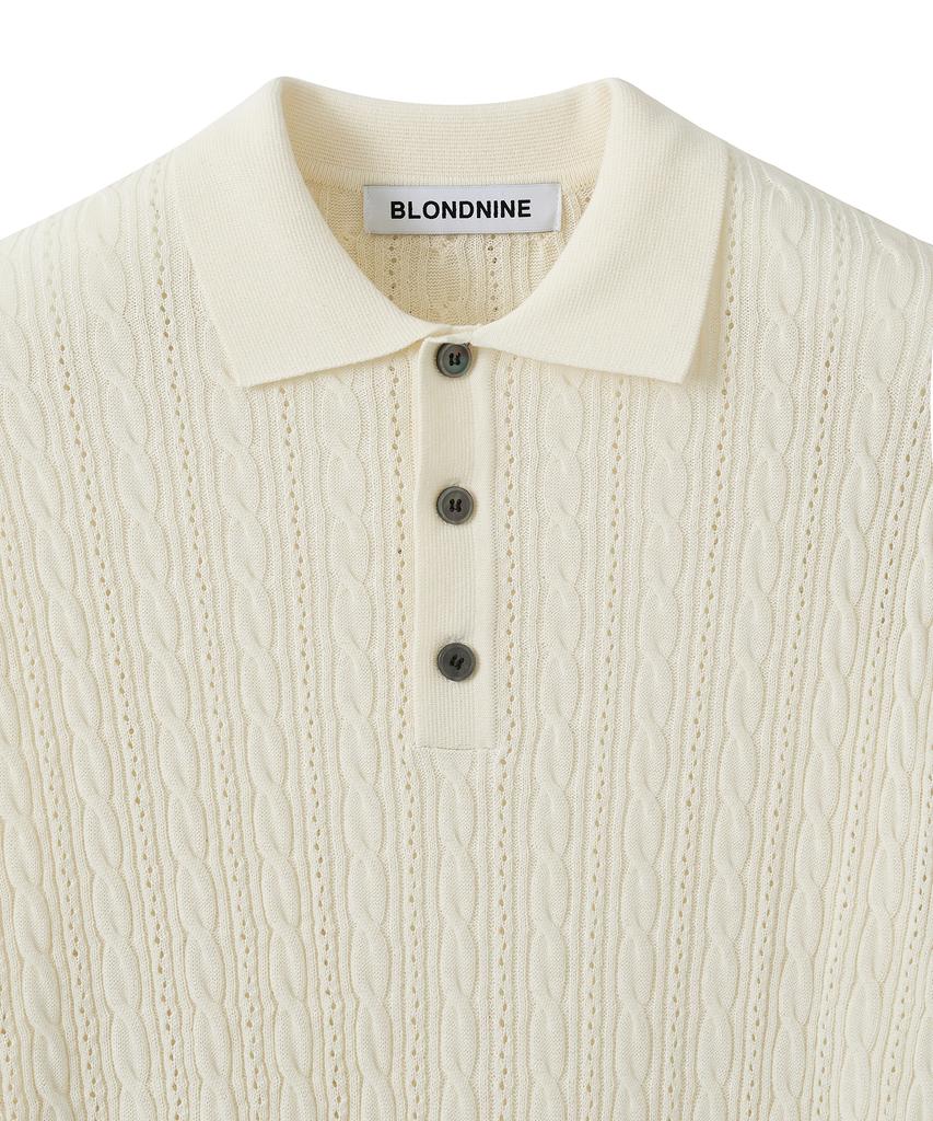 BLOND9 Cable Punched Short Sleeve Collared Knit_Cream