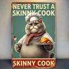 Vintage-Style Tin Sign "Never Trust a Slimy Chef" Rustic Metal Wall Art with Chef Cat Illustration, Metal Wall Art Decor