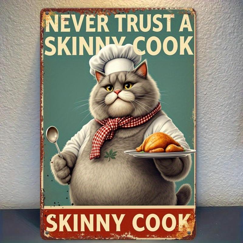 Vintage-Style Tin Sign "Never Trust a Slimy Chef" Rustic Metal Wall Art with Chef Cat Illustration, Metal Wall Art Decor