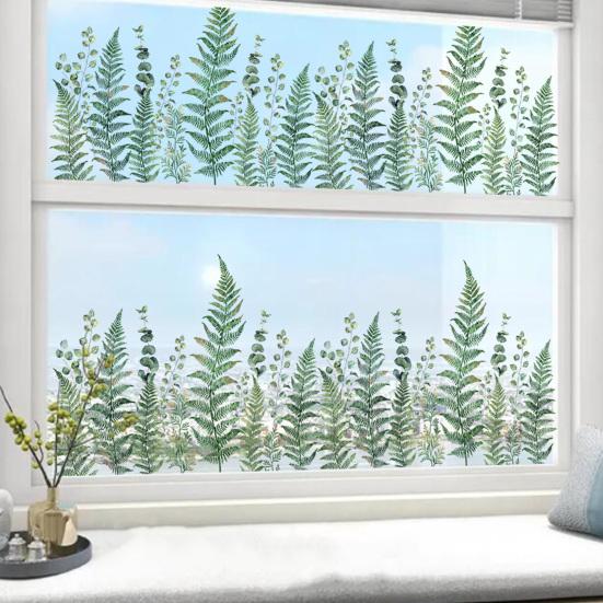 Adesivo de Janela Folha de Samambaia Verde Folhas de Pteridófita Plantas Estático PVC Adesivo de Janela Reutilizável Impermeável Decalques para Decoração de Janela de Porta de Sala de Casa
