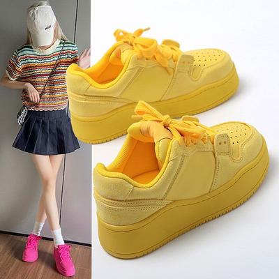 2025 New Rose Red Platform Women's Board Shoes Heightened Bread Shoes Lace-up Versatile Sports and Leisure Shoes Trendy Shoes
