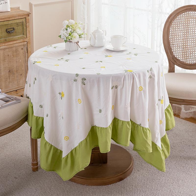 Light Luxury Cotton Apricot Embroidered Flowers And Plants Animal Skirt Pleated Lotus Leaf Edge Round Coffee Table Tablecloth Dining Table Cloth
