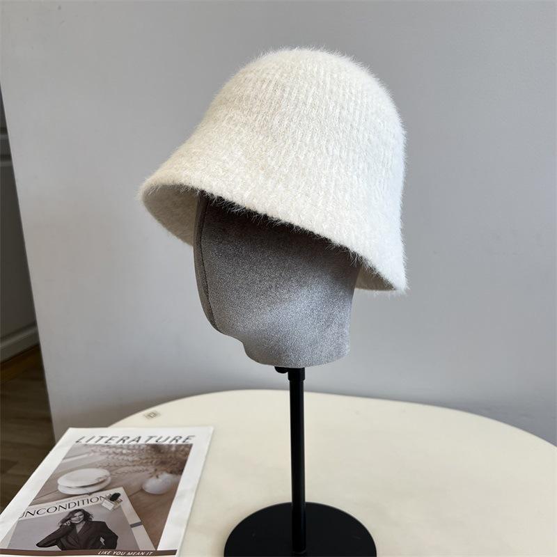 New Imitation Mink Knitted Vertical Striped Bucket Hat Women's Simple Solid Color Warm Fisherman Hat Trendy