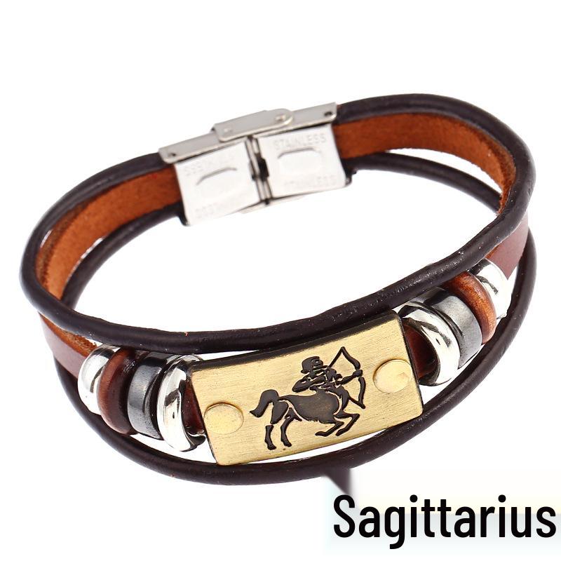 Twelve Constellations Cowhide Bracelet with Stainless Steel Buckle - Genuine Leather