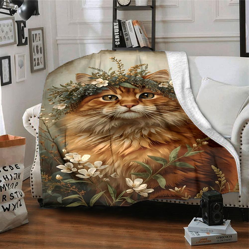 1pc cat flowers blanket Lightweight Flannel Throw for Sofa Bed Travel Camping Livingroom Office Couch Chair