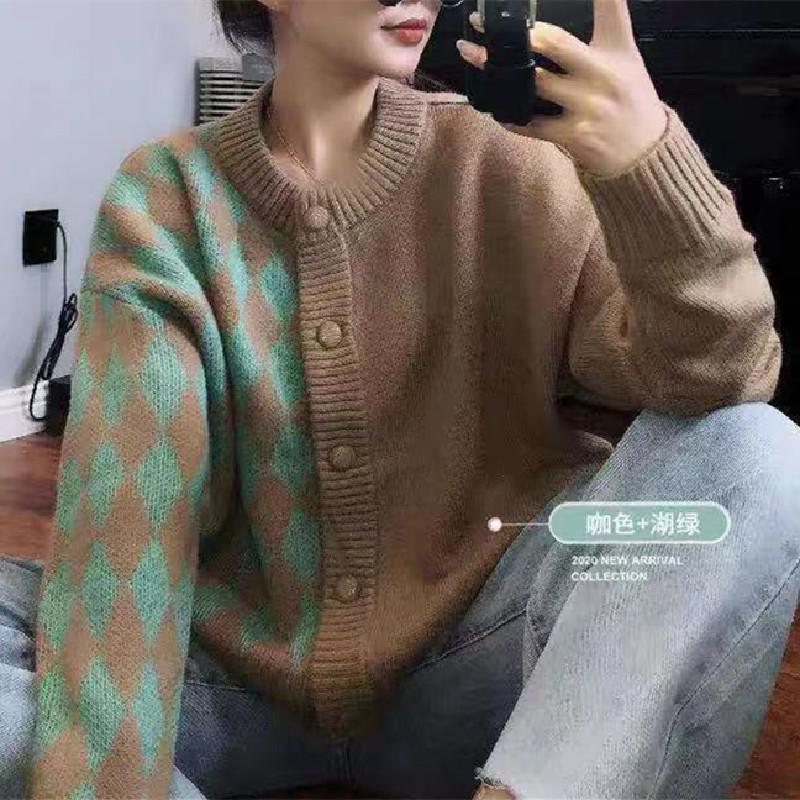 

Knitted cardigan new women s spring and autumn loose outer wear fashion color matching crew neck lazy top average size хаки