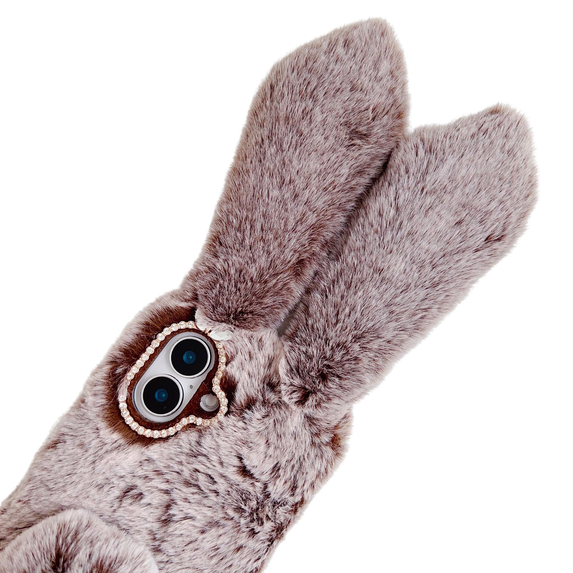 

For iPhone 16 Case Bunny Ears Furry Soft Warm TPU Phone Cover White