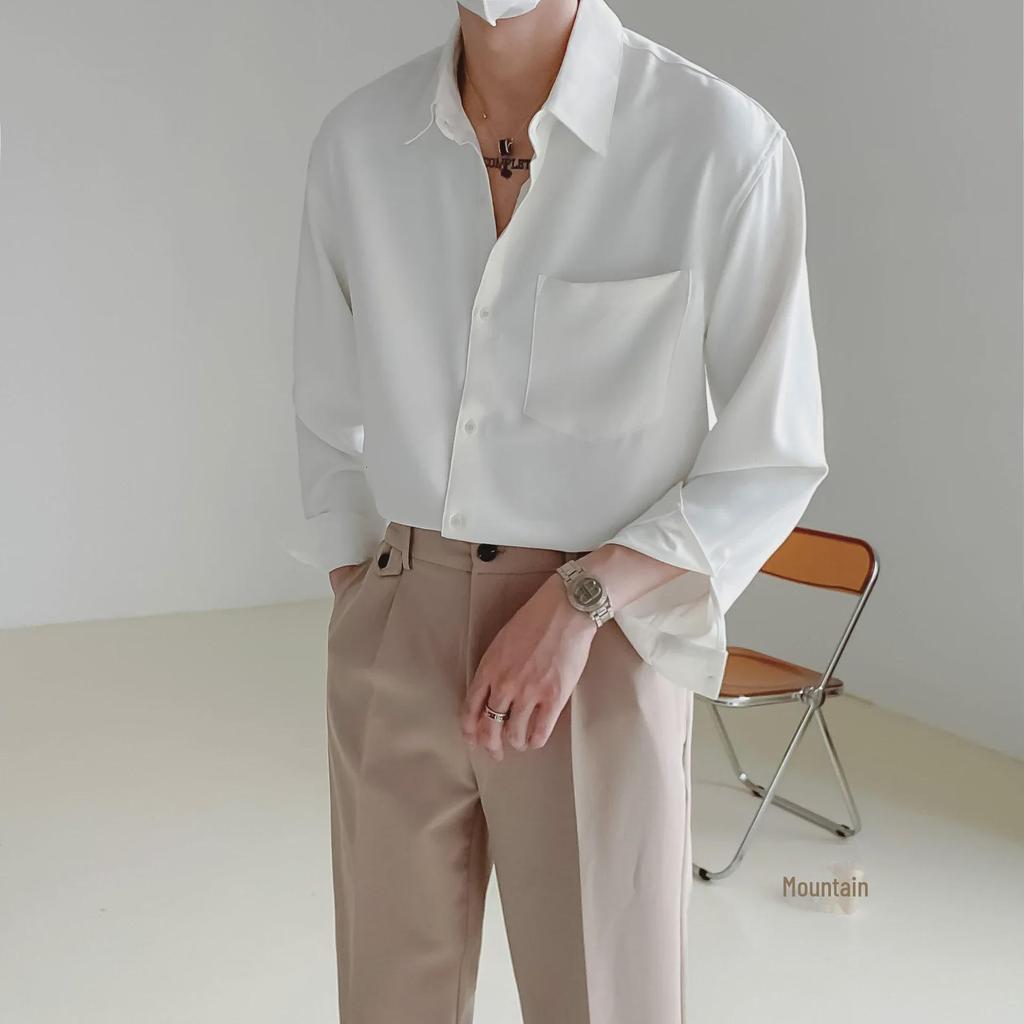 Men's Korean Style Long-Sleeve Solid Color Shirt - Trendy, Non-Iron, Versatile for Spring & Autumn
