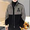 Men's Winter Stand Collar Fleece Jacket Color Block Warm Thickened Zip Up Coat