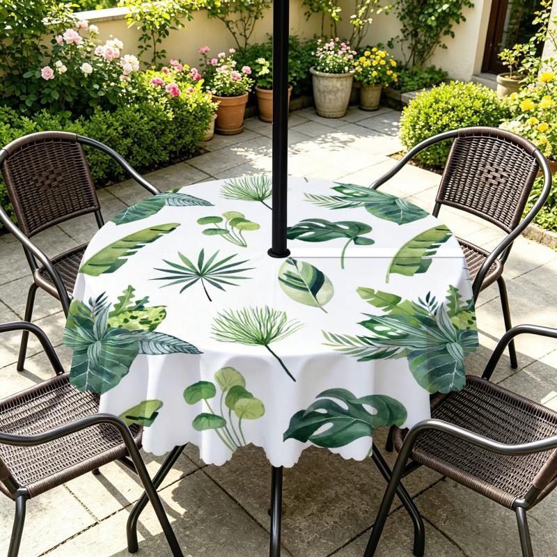 Outdoor Round Tablecloth With Umbrella Hole Waterproof Oil Resistant Floral Leaf Patio Garden Deck