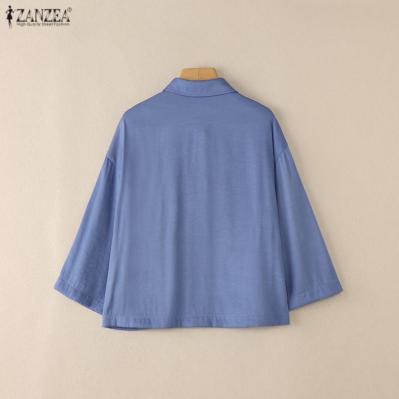 ZANZEA Women Casual Turn Down Collar 3/4 Sleeve Loose Blouse