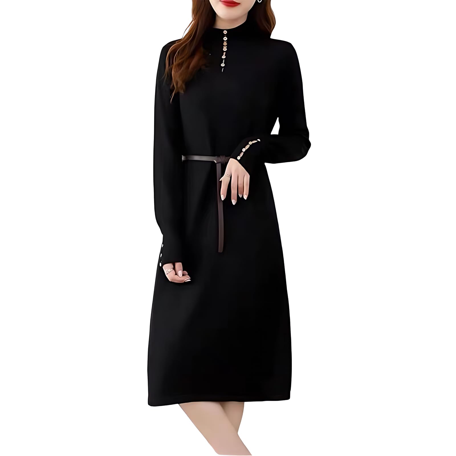 

Grcemlvfe Вязаное Однотонное Длинное и Милое для Осени и Зимы Женское Платье с Высоким Воротником, Цвет, Рукава, До Колена, Подчеркивающее Фигуру, Теплое,