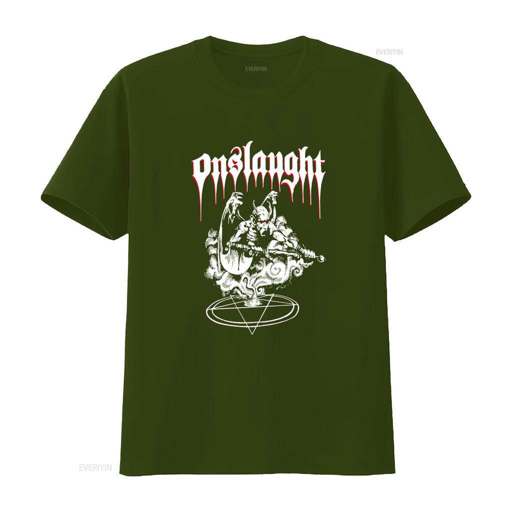 New Dtg Dtf ONSLAUGHT Power From Hell T Shirt for Unique Devil Design with Pentagram Symbol Vintage Washed Slightly Fashion