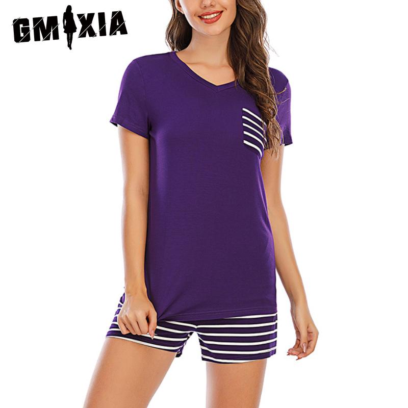 

GMXIA Весенне-летняя пижама в полоску с V-образным вырезом, с короткими рукавами и шортами, костюм-двойка, домашняя одежда S фиолетовый