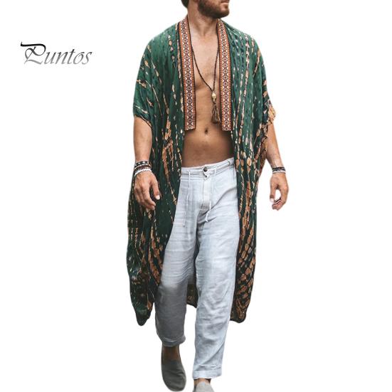 

Мужское пляжное пальто в стиле ретро, ​​свободная посадка средней длины с принтом, солнцезащитная куртка с открытой передней частью, длинная верхняя одежда XL зелёный