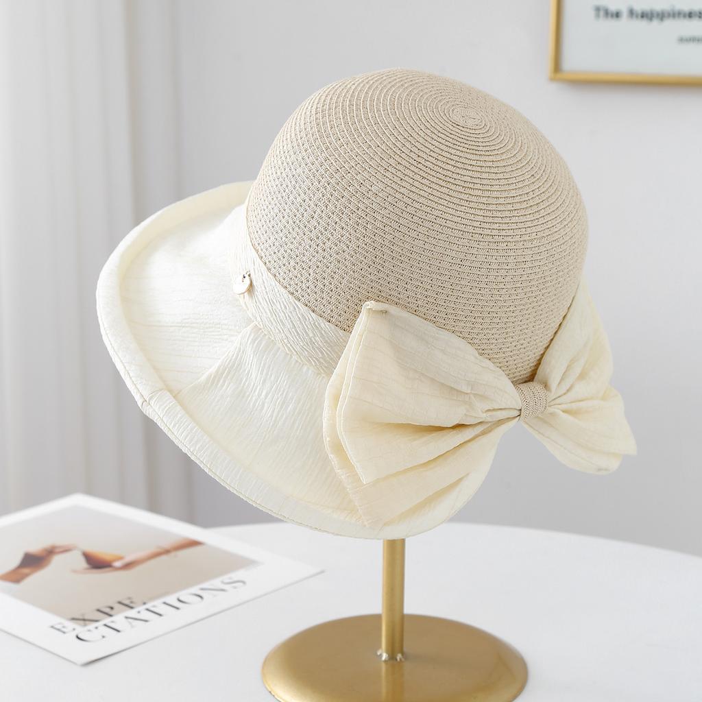 Women's Summer Wide Brim Bucket Hat Bow-Knot Patchwork Fisherman Style Beach Accessory