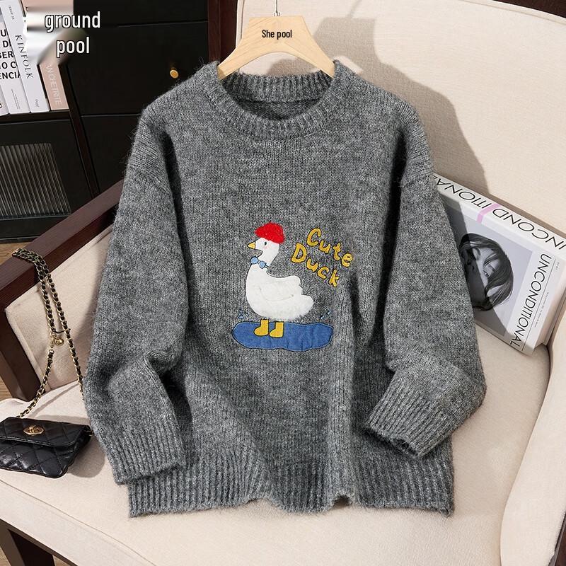 

Women s Cartoon Embroidered Wool Blend Pullover Sweater One Size