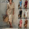 Fashion Summer Spring Solid Color Print Long Sleeve V-Neck Casual Dresses