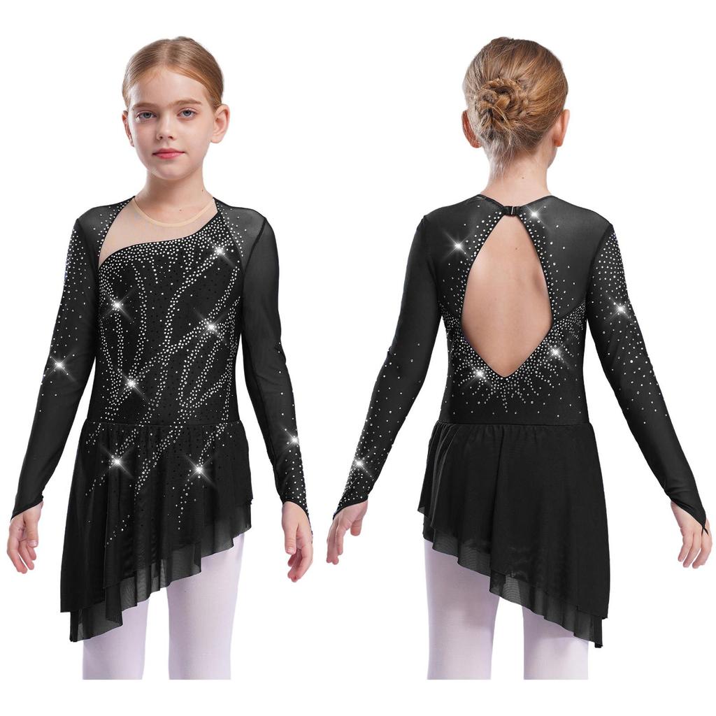 Sparkly Girls Lyrical Dance Dress with Sheer Sleeves Asymmetric Hem Cutout Back for Performance
