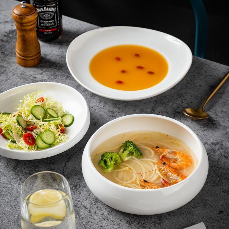 White High-Footed Ceramic Soup Bowl - Deep Plate for Home or Hotel Use