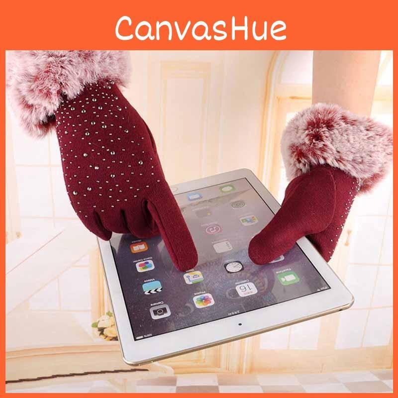 Winter Womens Fashion Outdoor Sport Warm Fur Crystal Thick Finger Mittens Gloves