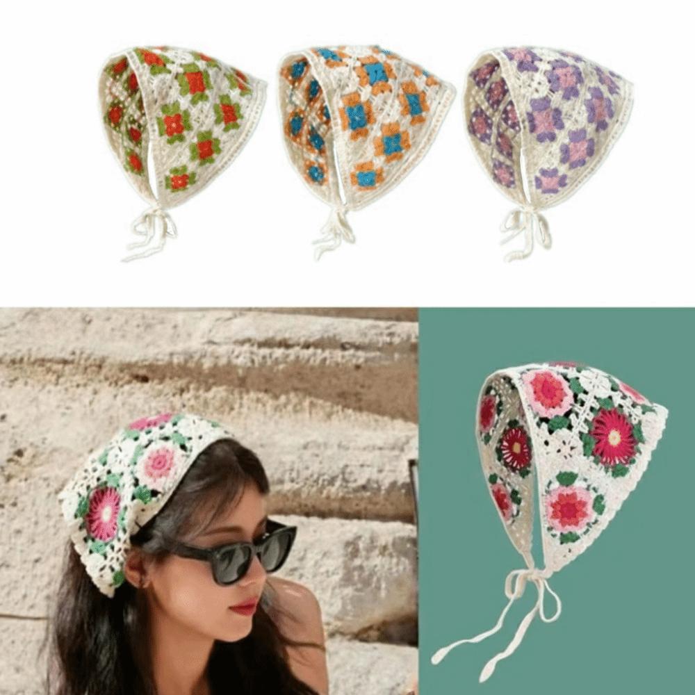 Multicolor Knitting Flower Headband French Retro Hair Band Headscarf Hat  for Spring Summer Outdoor