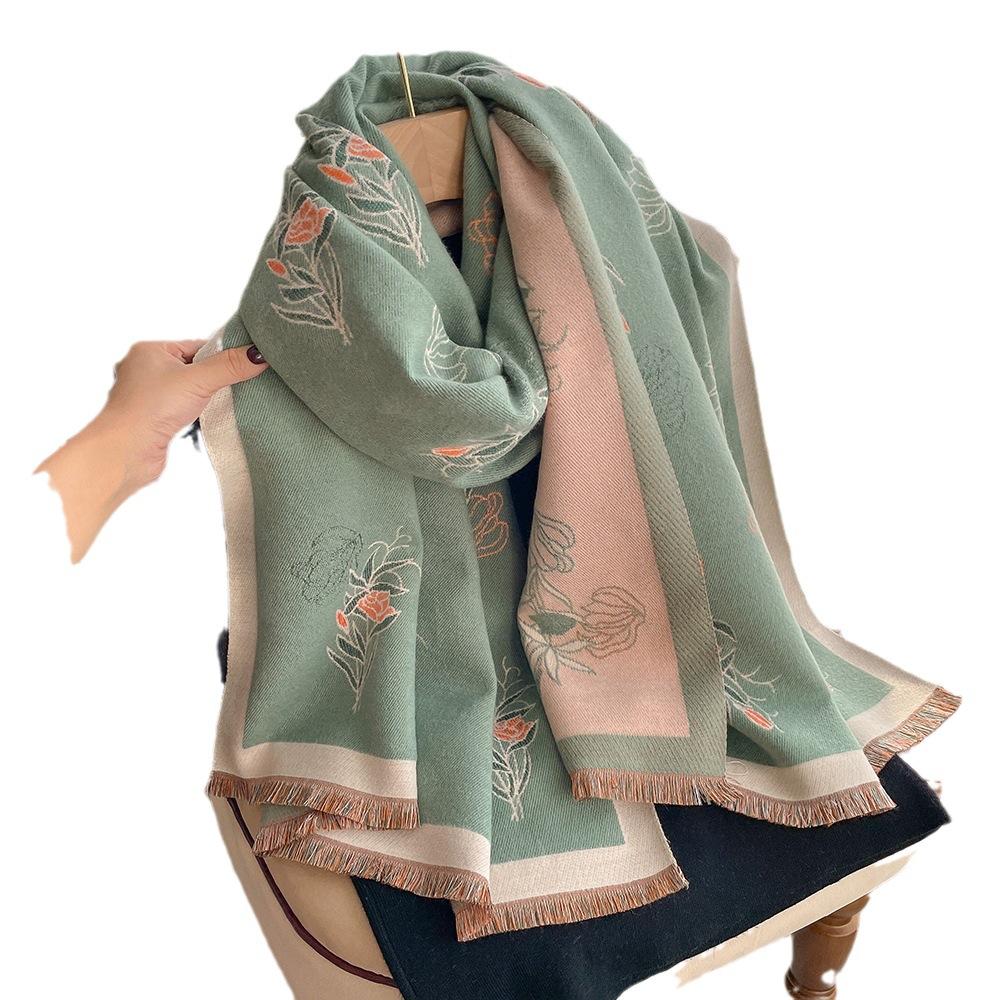 Korean Version Printed Imitation Cashmere Scarf Women'S Winter Double-Sided Thickened Neck Protection Scarf Air Conditioner Shawl